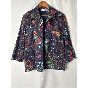 Alfred Dunner Womans 20‎ Blazer Top Blue Floral Cotton Blend 3/4 Sleeve Open